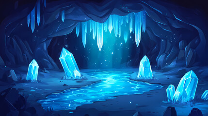 Glowing lava cave with blue crystals and water. Lava Caves. Illustration