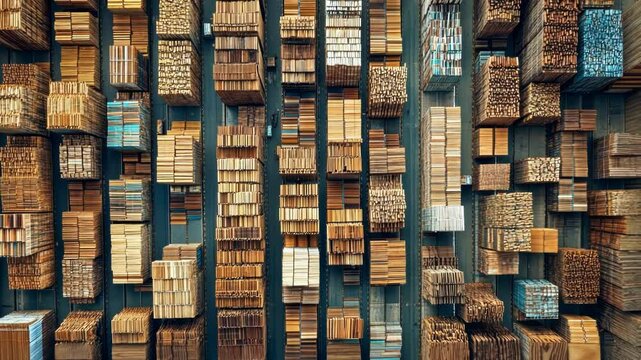 Aerial view captures a vast storage yard filled with neatly stacked lumber, creating a mesmerizing geometric pattern of wooden blocks and planks