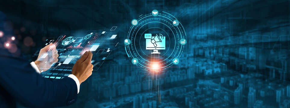 Digital Marketing: Businessman holding virtual interface panel of digital device on global networking, strategies, analytics, optimization, content, and advertising technology in futuristic.