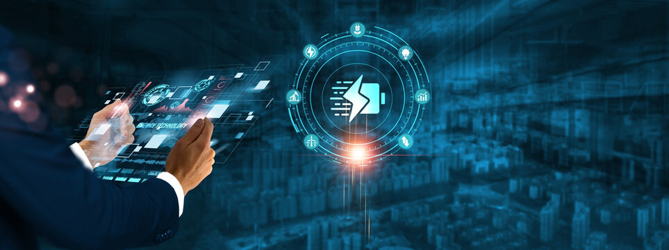 Energy Technology: Businessman holding virtual interface panel of digital device on global networking, renewable energy, innovation, smart grids, and energy efficiency technology in futuristic.