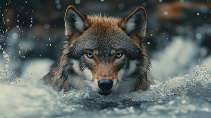 Fototapeta premium A dynamic wildlife photograph of a wolf , droplets of dew flying through the air, with focus on the wolf and blurred motion in the background, photorealistic.