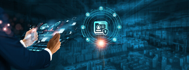 Information Security: Businessman holding virtual interface panel of digital device on global networking, cybersecurity, data protection, privacy, and information security technology in futuristic.