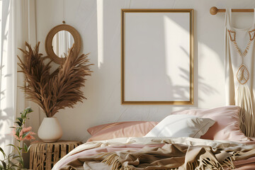 Mockup frame displayed in a cozy bedroom interior, Coastal boho style, soft natural light, textured fabrics, warm color palette, inviting atmosphere, 3D render. generative ai.