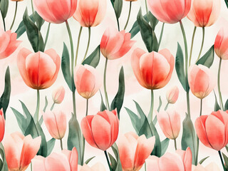 Seamless floral pattern with delicate pink tulips and green leaves, creating a fresh and romantic design