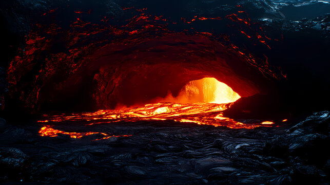 Lava flows through a darkened cavern illuminated by flickering embers, volcanic, darkness, lava. Lava Caves. Illustration
