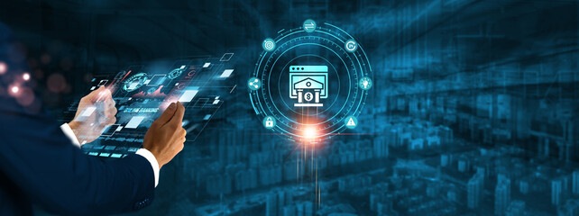 Online Banking: Businessman holding virtual interface panel of digital device on global networking, financial transactions, cybersecurity, mobile payments, and digital wallet technology in futuristic.