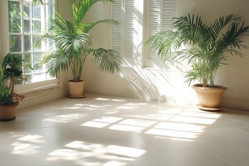Fototapeta premium Sunlight streaming through windows illuminates a serene indoor space adorned with vibrant green plants. Generative AI