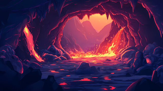 Lava flows through a darkened cavern illuminated by flickering embers, ash, flames, lava. Lava Caves. Illustration