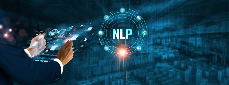 NLP (Natural Language Processing): Businessman holding virtual interface panel of digital device on global networking, language modeling, and artificial intelligence technology in futuristic.