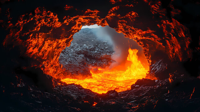 Lava flows through a darkened cavern illuminated by flickering embers, ash, flames, lava. Lava Caves. Illustration
