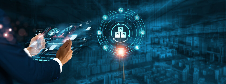 Procurement Management: Businessman holding virtual interface panel of digital device on global networking, supply chain, strategy, sourcing, automation, and procurement technology in futuristic.