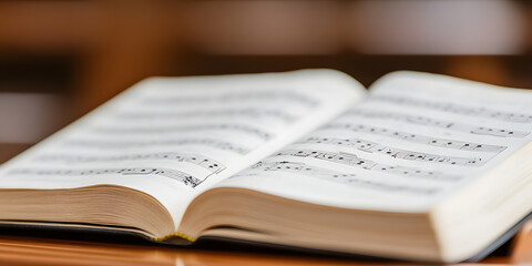 Fototapeta premium Open book displaying musical sheet music. Close-up view of notes and musical notation on the pages.