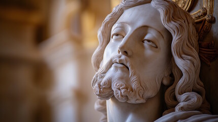 Close-up of a marble statue of Jesus Christ with intricate details of expression. Concept of faith, redemption, and artistic heritage during Jubilee 2025