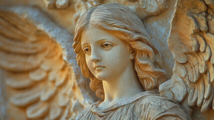 Close-up of a stone angel sculpture with serene expression and detailed wings. Concept of hope, protection, and divine presence during Jubilee 2025