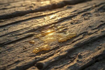 Close Up Of Weathered Wooden Planks With Grain, Cracks, And Golden Sunset Glow