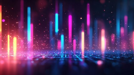 Fototapeta premium Neon light trails falling on grid floor, dark background, digital art backdrop.