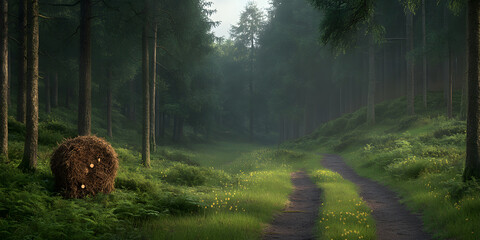 Mystical forest path, sunlit clearing, and a unique woodpile.