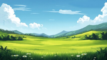 Obraz premium Serene Summer Meadow Landscape Under Blue Sky
