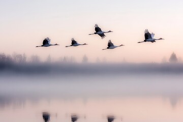group of cranes flying over misty wetland at dawn their silhouettes reflecting in still water below