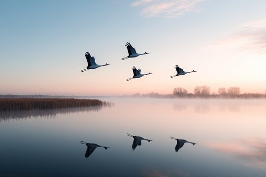 group of cranes flying over misty wetland at dawn their silhouettes reflecting in still water below