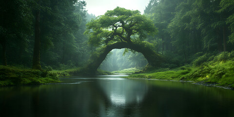 Obraz premium Serene river flows under a majestic, arching tree in a lush green forest. Tranquil nature scene.