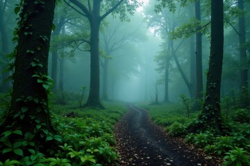 Obraz premium Misty forest trail winding through dense foliage, fog, nature, mist