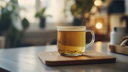 Obraz premium A Glass of Steaming Herbal Tea on a Wooden Coaster