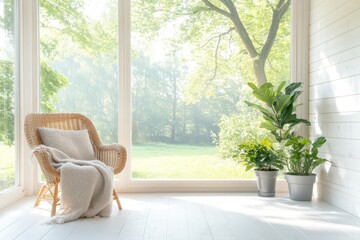 rustic sunroom with wicker chair woolen blanket and potted plants placed near large open window