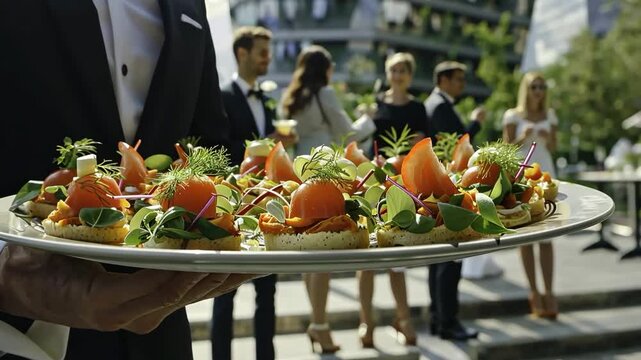 A well-dressed staff member presents a beautifully arranged platter of gourmet appetizers at a lively outdoor gathering with guests enjoying each other's company in a sophisticated atmosphere.