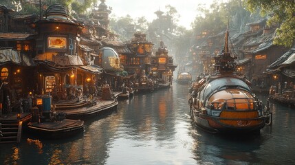 Obraz premium Steampunk Cityscape: Boats Glide on Canals Through Intricate, Futuristic Architecture and Lush Foliage, Creating a Breathtaking, Atmospheric Scene. A City of Innovation and Mystery Unfolds.