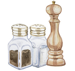  Salt and pepper shakers for kitchen isolated on a white background. Cuisine and cooking concept illustration.