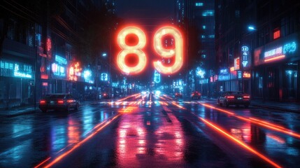 Obraz premium Cyberpunk Cityscape: Neon Lights Reflect on Wet Streets, Number Eighty-Nine Glows Brightly Above, Futuristic Urban Scenery at Night, Digital Art of a Vibrant Metropolis