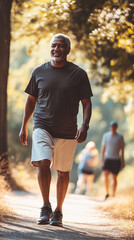 Obraz premium Aging black african american man, walking on a walking trail, exercise outdoors, some other people in background. Elderly black man in good health, walking or jogging outdoors. Senior, elderly black m