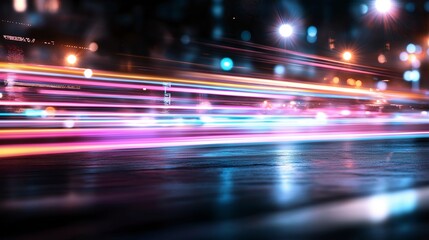 Colorful lights streaking through a bustling city street at night creating a mesmerizing display of motion and energy. Generative AI