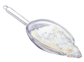 Kitchen shovel with flour isolated on a white background. Watercolor backery concept illustration. Cook book or recipe card design.