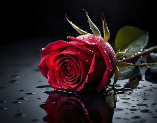 Dew-Kissed Red Rose: A Dramatic Dark Floral Still Life
