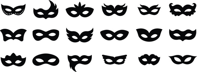 Different Mask silhouette isolated on transparent background Masquerade vector for apps or web party superhero carnival villain or burglar icon in flat set. costume eye mask hidden person face