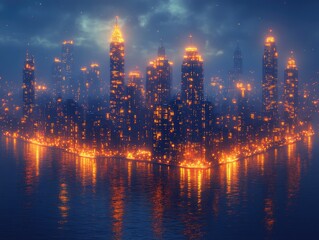 Fototapeta premium Futuristic Cityscape: Illuminated Towers Reflecting on Dark Water, A Nighttime Metropolis Glows with Warm Lights, Digital Art Depicts a Stunning Urban Scene.