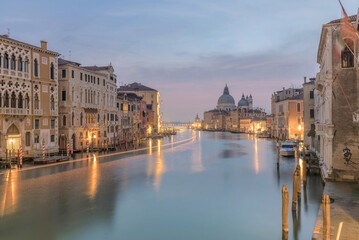 28 November 2015 Venice, italy, Canal grande with historical houses, gondole traditional boats and st may of health Basilica in background