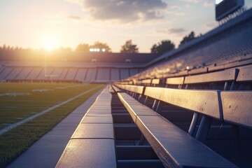 serene scene of empty football stadium at sunset bleachers glowing with ample copy space for creative themes