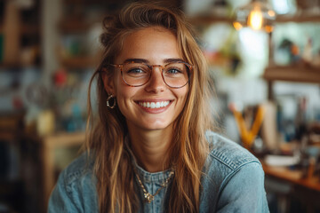 Cheerful woman wearing glasses, surrounded by artistic tools in a workspace