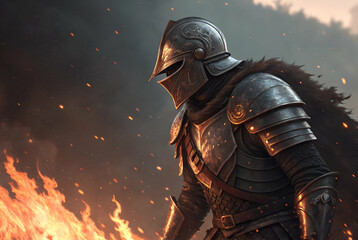 Fototapeta premium A knight in detailed armor stands against a fiery backdrop, evoking a sense of bravery and conflict in a dramatic, medieval setting.