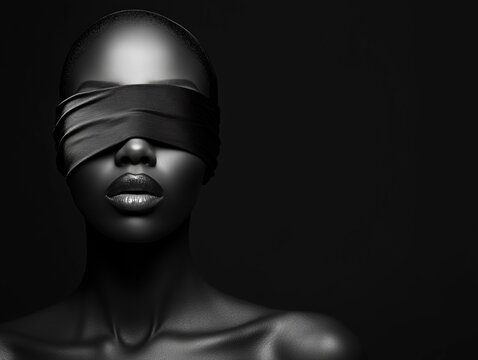 Sophisticated Black and White Portrait of a Woman in Satin Blindfold Highlighting Minimalist Beauty and Dramatic Contrast