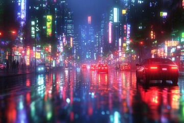 Neon City Streetscapes: Rain-Soaked City at Night with Vibrant Lights Reflecting on Wet Asphalt, Cars Driving Through Urban Landscape Under a Downpour.  Cyberpunk Cityscapes and Digital Art.