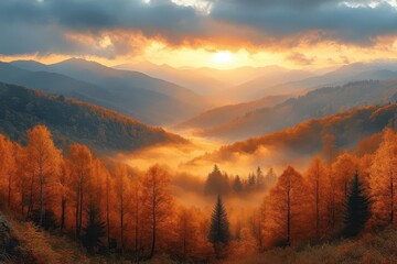 Obraz premium ethereal mountain landscape at golden hour misty valleys filled with autumn colors soft clouds catching sunset light in impressionistic style