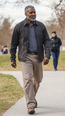 Obraz premium Aging black african american man, walking on a walking trail, exercise outdoors, some other people in background. Elderly black man in good health, walking or jogging outdoors. Senior, elderly black m