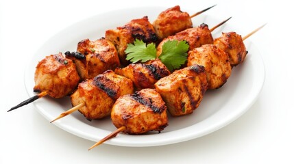 A plate of tender chicken tikka skewers with yogurt marinade and spices, Each skewer grilled to perfection and bursting with bold flavors