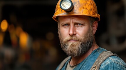 Bearded Miner with Helmet in Industrial Setting: Portrait Capturing Strength and Determination