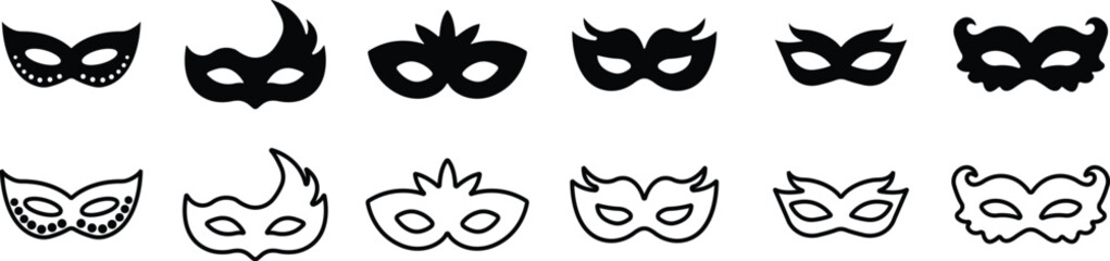 Different Mask silhouette isolated on transparent background Masquerade vector for apps or web party superhero carnival villain or burglar icon in flat, line set. costume eye mask hidden person face