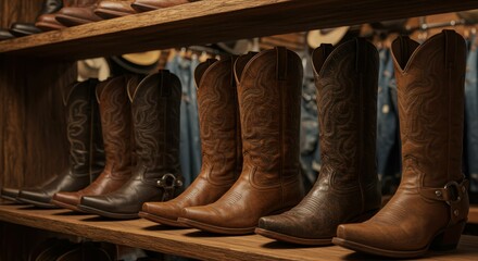 Variety of cowboy boots displayed on wooden shelves in a western shop
